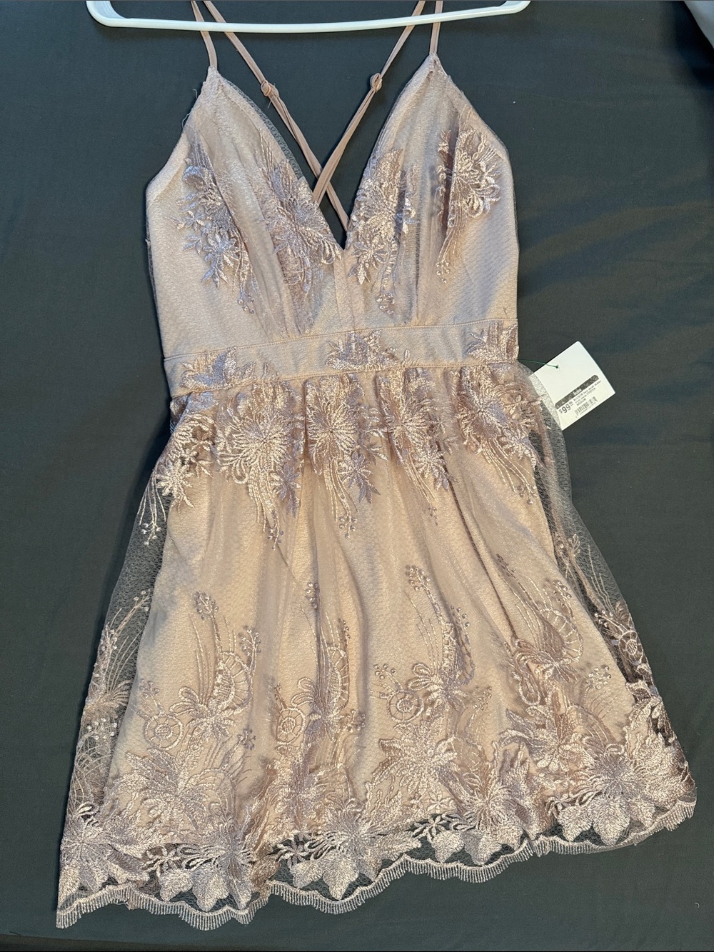 Womenโs Lace Embroidered Pink Tulle Dress with Spaghetti Straps